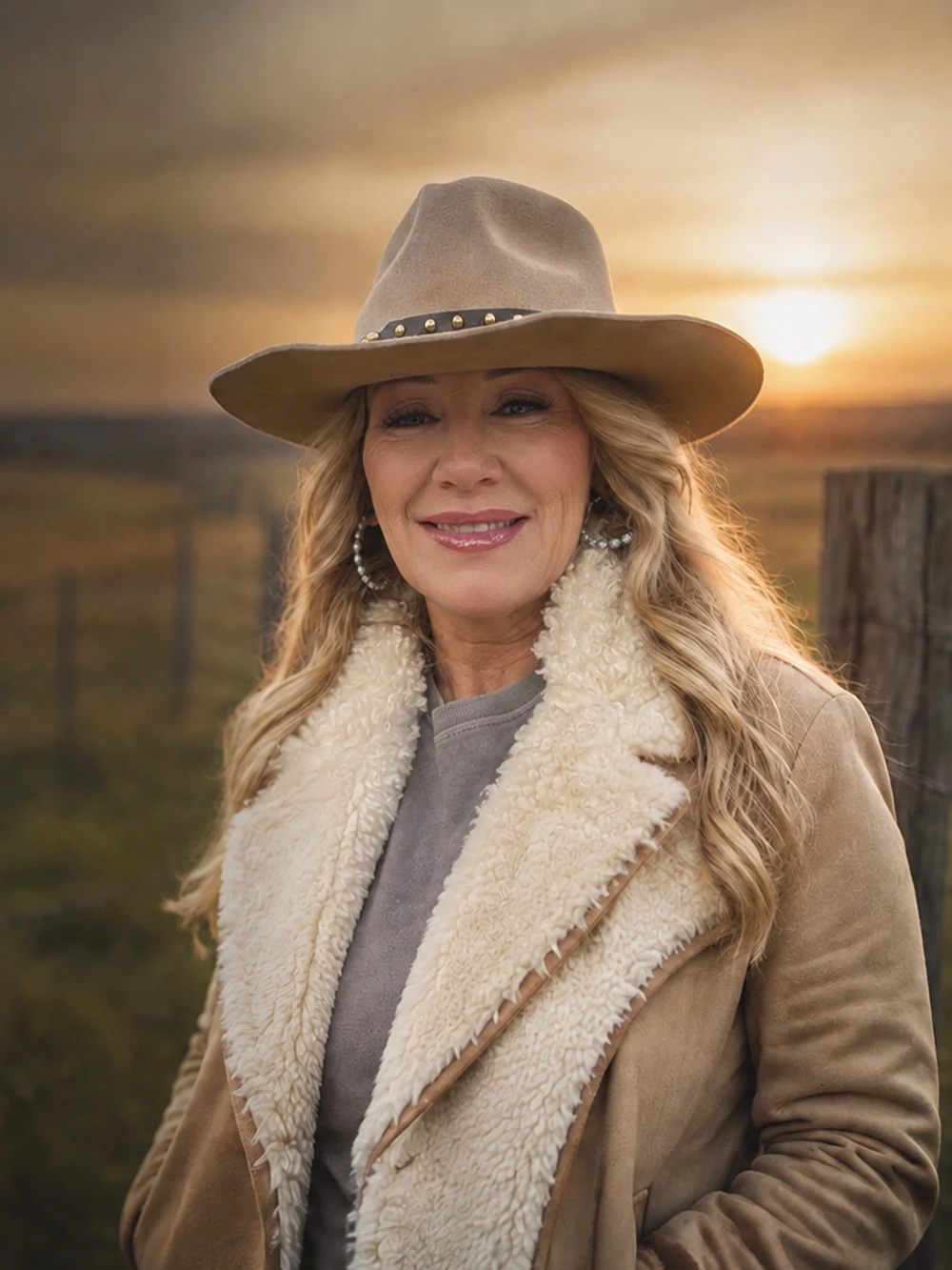 Woman in a cowboy hat standing in a ranch setting at sunset